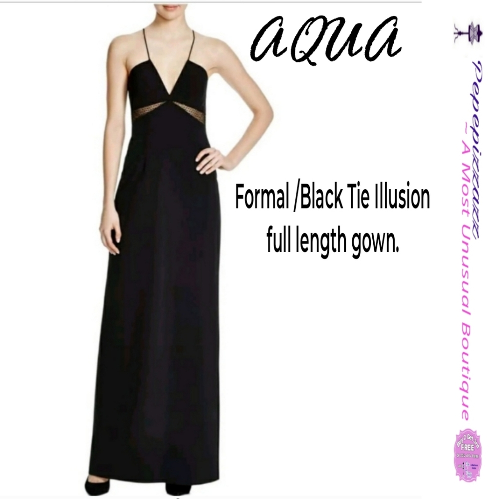 NWT AQUA Embellished gown Sheer middle panel, Formal, black tie gown maxi dress